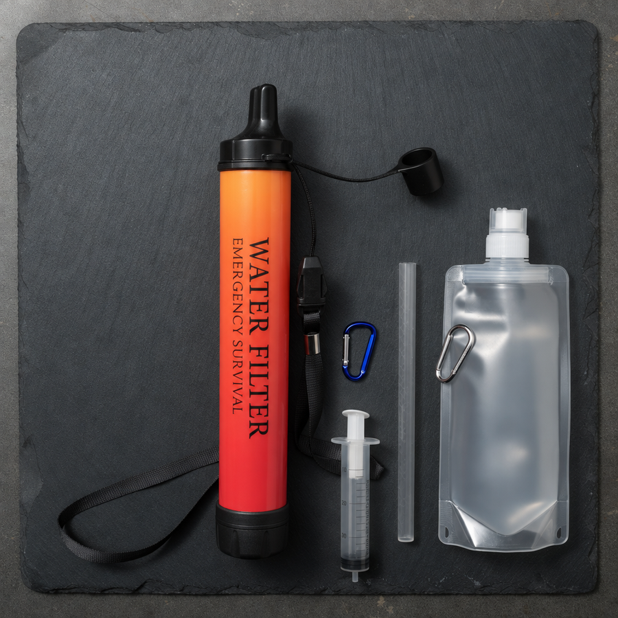 What's in the box: filter straw with lanyard, collapsible pouch, extension straw, backflush syringe and carabiners