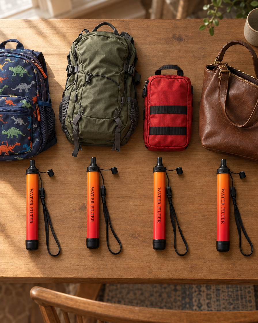Four Fallback filter straws, one for each family bag