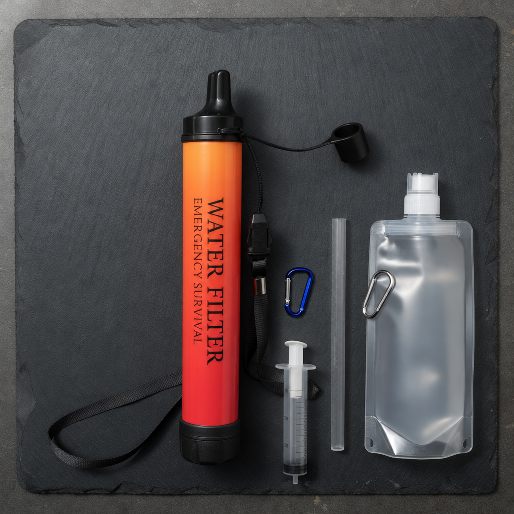 What's in the box: filter straw with lanyard, collapsible pouch, extension straw, backflush syringe and carabiners