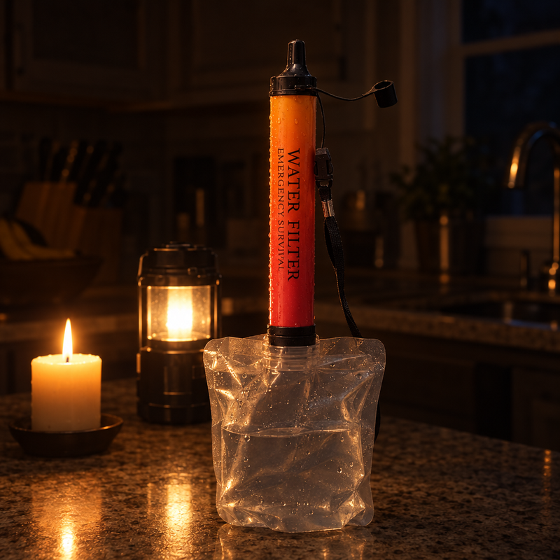 The Fallback filter straw and pouch on a kitchen counter by candlelight during a power outage