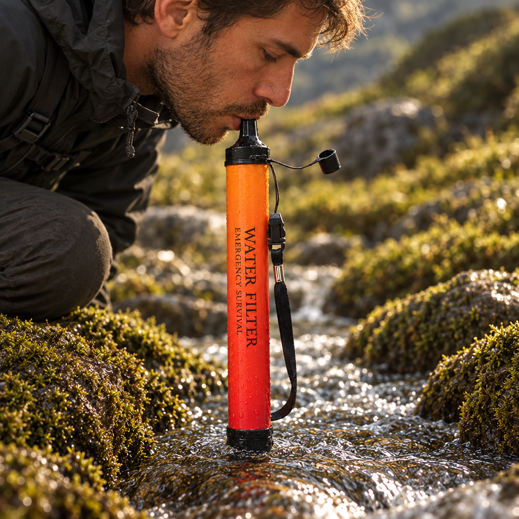 A hiker drinking straight from a mountain stream through the Fallback filter straw