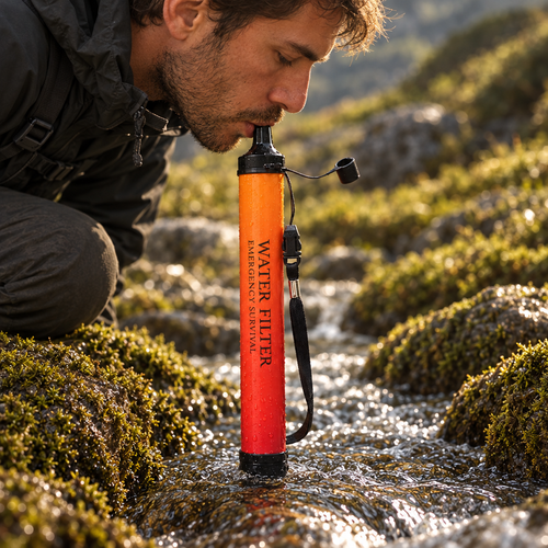 A hiker drinking straight from a mountain stream through the Fallback filter straw