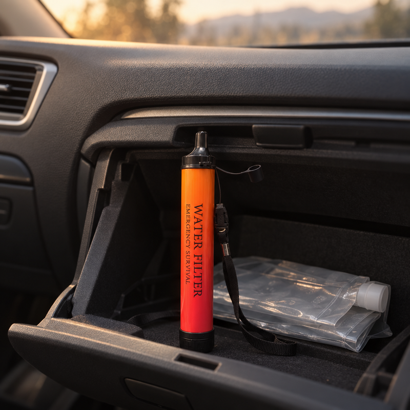 Fallback filter straw kept in a car glovebox with its pouch