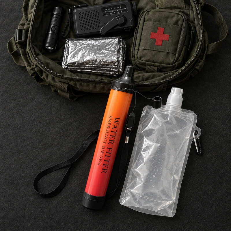 Fallback filter straw and pouch packed with a go-bag, flashlight and radio