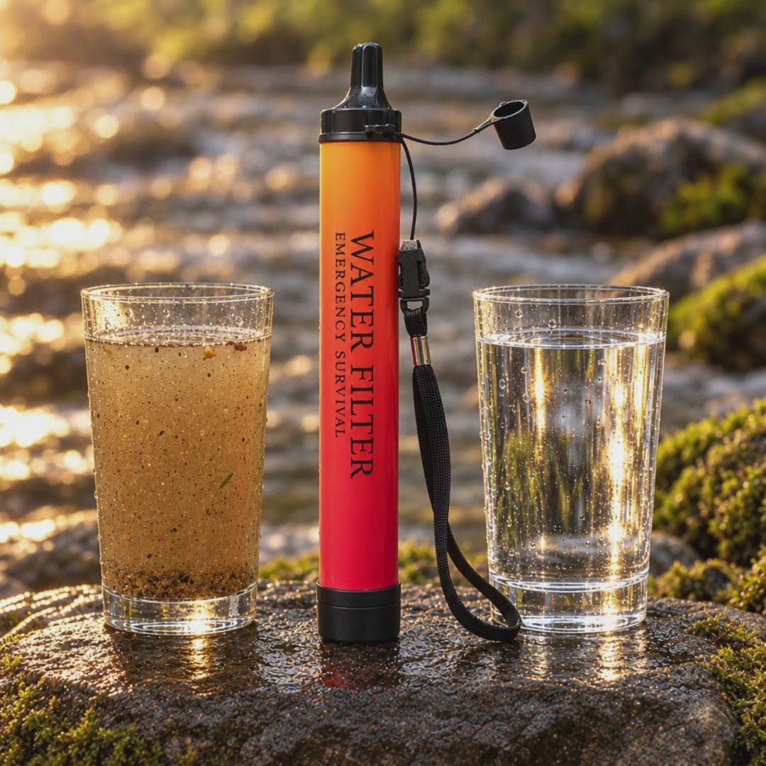 Live view: cloudy creek water in one glass and clear water in the other, on either side of the Fallback filter straw